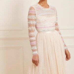 NEEDLE & THREAD ! Rainbow Backless Bodice Ankle Gown In Champagne